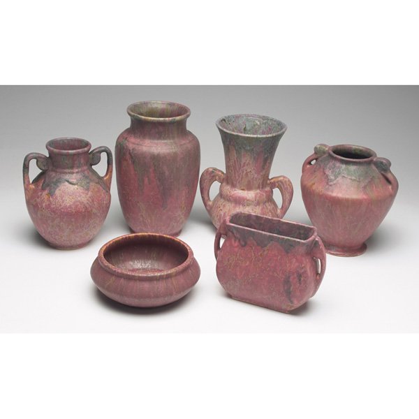 Roseville Carnelian vases: Roseville Carnelian vases, six, varying shapes, all red, one marked, largest is: 9.5"h