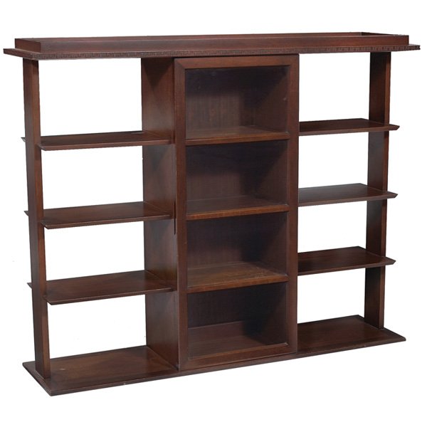 Frank Lloyd Wright hutch Henredon Taliesin: Frank Lloyd Wright hutch, manufactured by Heritage Henredon, glass door at center flanked by open shelves, Taliesin design at edges, unsigned, original finish, very good condition, 61.5"w x 16"d x 50"