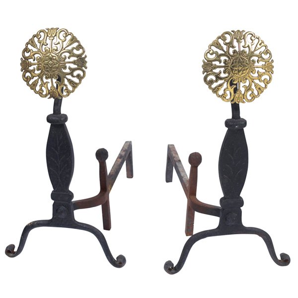 Arts & Crafts andirons: Arts & Crafts andirons, pair, reticulated brass disc supported by a wrought iron base with incised foliate decoration, 12.5 x 20 x 23"h, good condition