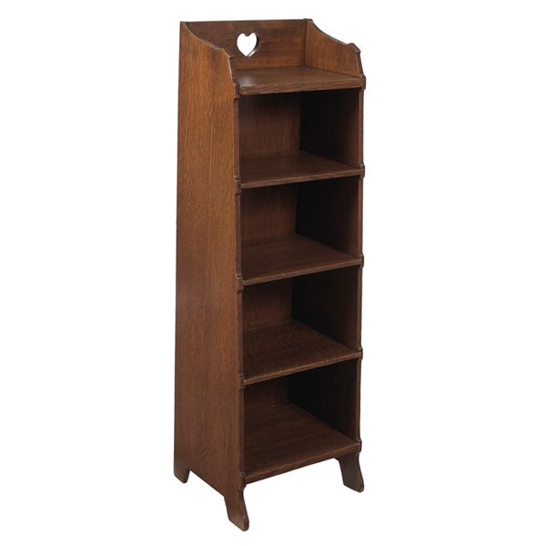 Stickley Brothers magazine stand #4604: Stickley Brothers magazine stand, #4604, five graduated shelves under a heart cut-out, refinished, 14.5"w x 13"d x 44.5"h, very good condition