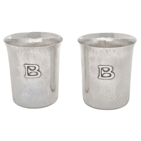 Kalo tumblers sterling silver: Kalo tumblers, in sterling silver, slightly tapering cylindrical form with a flared rim, applied B monogram, Chicago and New York mark, numbered 91 / E, =11.86 ozt., 3.25"dia x 3.75"h