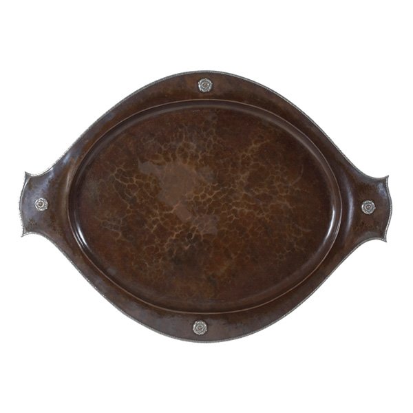Albert Edward Jones tray copper: Albert Edward Jones tray, shaped oval form with handles, in copper with applied silver decoration, four spaced rosettes, stamped 2439 24", some wear to patina, 24.5"w x 18"d x 1"h