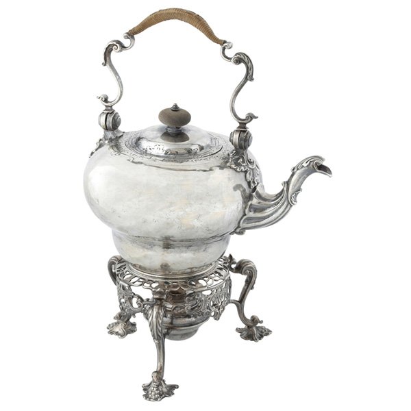 John Payne George II silver kettle on stand: John Payne George II silver kettle on stand, London, 1751, wicker wrapped swing-bail handle, turned wood finial, pyriform body, pierced Rococo style stand with shells and scrolls, S-scroll legs ending