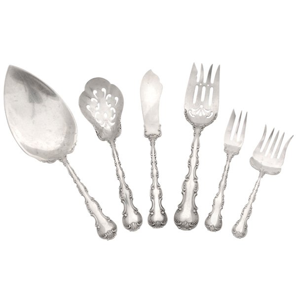 Gorham sterling silver serving articles: Gorham sterling silver articles, Strasbourg pattern, comprising cake server, cake serving fork, individual cake fork, master butter knife, pierced casserole spoon and a sardine/bacon fork, unmonogramm