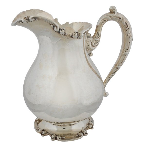 Frank M. Whiting & Co sterling silver pitcher: Frank M. Whiting & Co. sterling silver pitcher, retailed by Duhme Bros. & Co., baluster form, edges and handle with scrolled Rococo style decoration, rubbed monogram to body, marked and numbered 1847,