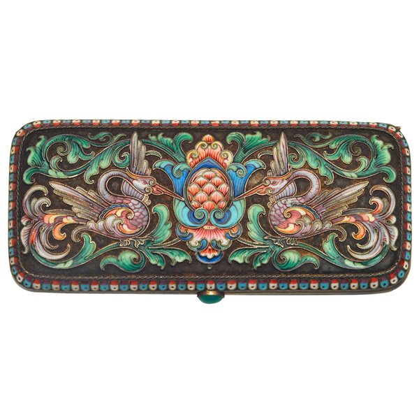 Russian cigarette case silver: Russian cigarette case, in enameled silver, rectangular form, polychrome decoration of a stylized pine cone flanked by birds and scrolling foliage, green cabochon release, gilt interior, maker's mark 