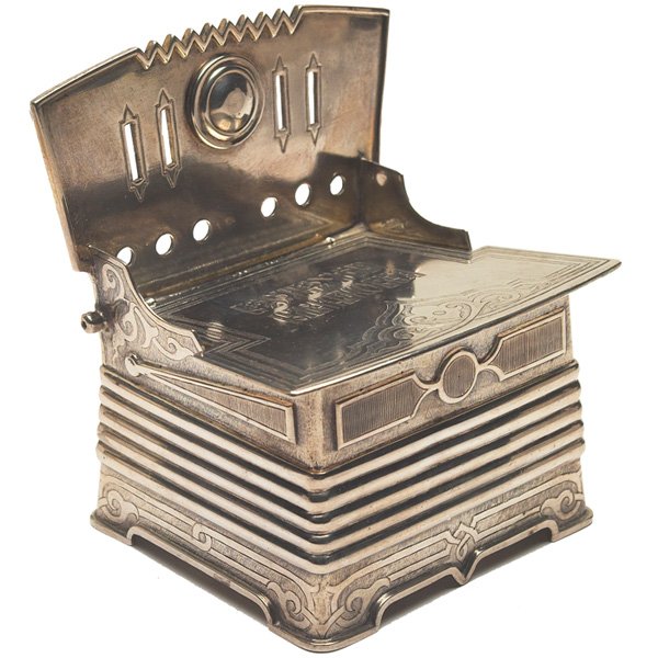 Russian master salt cellar silver: Russian master salt cellar, in silver, large throne shape with engraved decoration and Cyrillic inscription, lid opening to an engraved rooster, maker's mark C.C 1858 assayer mark for Ivan Vasilyev Vo