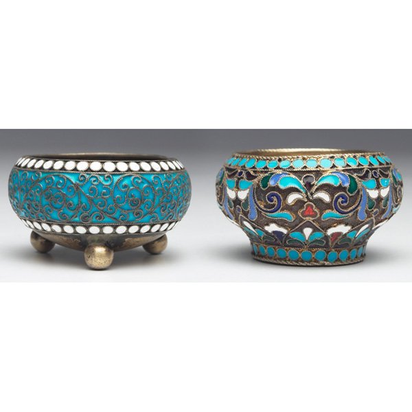 Russian salt cellar silver: Russian salt cellar, in silver with blue and white enameled decoration, maker's mark for Gustav Gustavovich Klingert, 1893 assay mark, 84 zolotniks; together with a later Russian silver salt cellar wi
