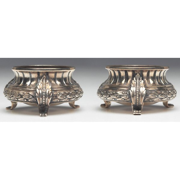 Russian salt cellars silver: Russian salt cellars, pair, in silver, tri-footed circular form with neoclassical decoration, maker's mark for Mikail Grachev and others, Kokoshnick mark likely for Yakov Nikolayevich Lyapunov, 84 zol