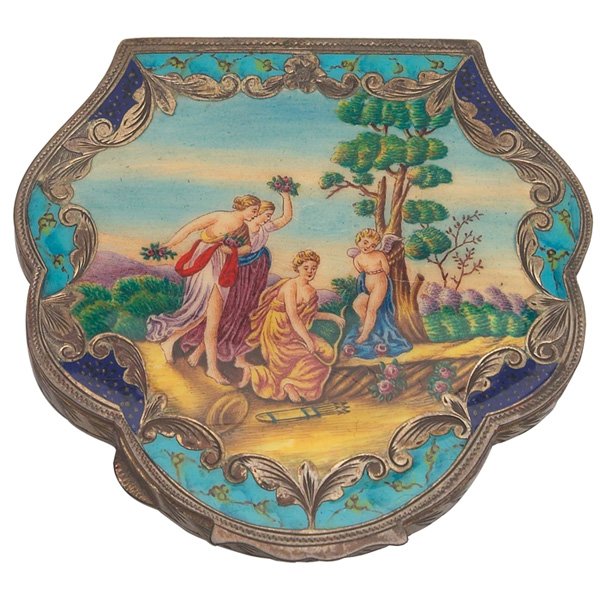 Italian compact silver: Italian compact, in silver, engraved and enameled decoration, central scene of The Three Graces Distressing Cupid with a faux lapis lazuli and turquoise border to cover, gilt and mirror inset interior