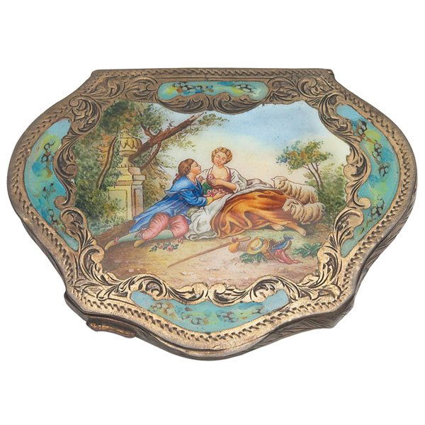 Italian compact silver: Italian compact, in silver, engraved and enameled decoration, central pastoral courting scene and faux turquoise border to cover, gilt and mirror inset interior, stamped 800, 2.5"w x 4"l