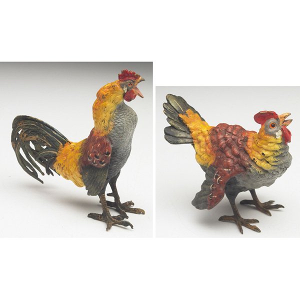 Franz Bergman bronze: Franz Bergman bronzes, pair, Austrian cold-painted sculptures of chickens, depicting a rooster and a hen, rooster: 5"w x 5"h, hen: 4"w x 3.5"h