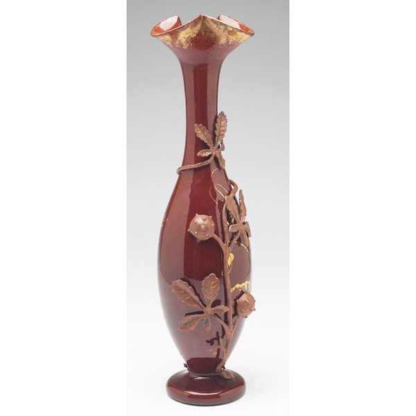 Jerome Massier vase: Jerome Massier vase, large and fluted shape covered with a brown glaze with a painted leaf design in gold, applied copper mount with chestnut branch motif, marked, 4"w x 14.5"h