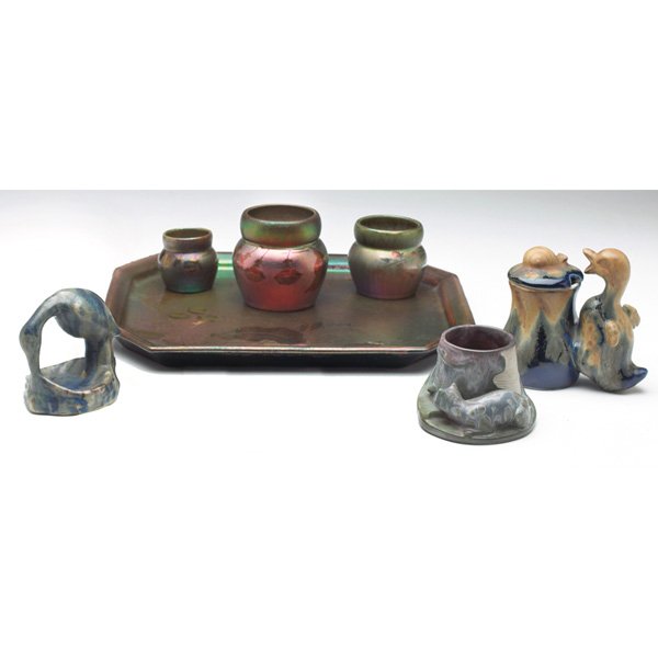 Pierrefonds figural tray Montieres tray and containers : Pierrefonds figural tray, heron, marked, #544, 4"h; with a Montieres tray and containers, four pieces, etched vines, marked, tray: 11"l, largest container: 3"h; with a Denbac match holder and striker,