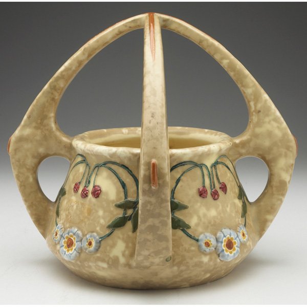 Amphora vase: Amphora vase, attribution, basket form in a mottled tan matte glaze, raised and painted colorful floral design, #10846, 9"w x 9"h