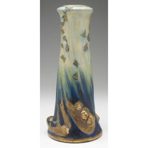 Amphora vase Eduard Stellmacher: Amphora vase, "Spring Wind," from the Fates series, designed by Eduard Stellmacher, sculpted heads and butterflies, marked, #2746, 5"w x 11"h Illustration: for a similar vase, see House of Amphora, by