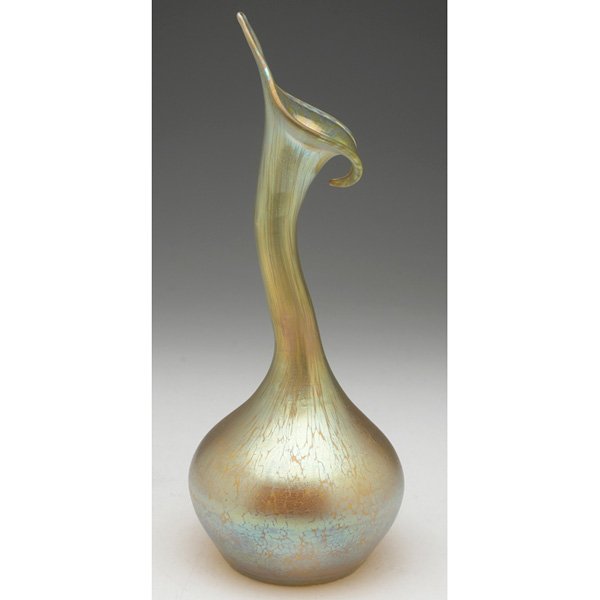 Loetz Candia Papillon vase: Loetz Candia Papillon vase, attribution, goose neck form in gold glass, unsigned, 5"w x 12"h