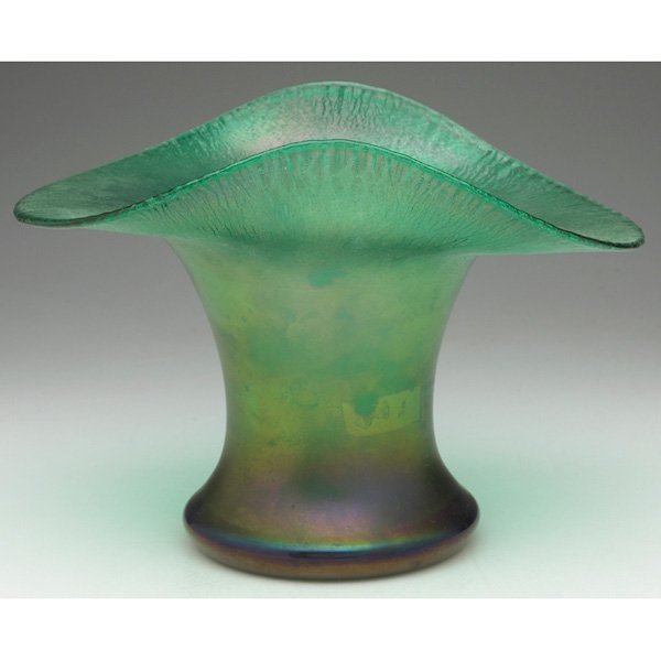 Poschinger vase: Poschinger vase, attribution, flaring form with upturned rim in green glass, wonderful veining and iridescence, unsigned, 9"w x 6"h