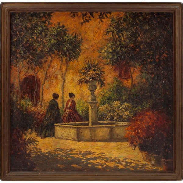 Marshall D. Smith: Marshall D. Smith (American, 1874-1973) "Granada Fountain," oil on canvas, 40" x 40", signed lower left, titled on verso, framed