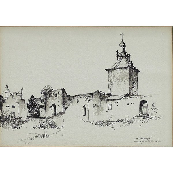 Willem Van Den Berg: Willem Van Den Berg (Dutch, 1886-1970) "De Doorwerth," 1965, ink on paper, 7" x 10", signed, titled and dated lower right, framed