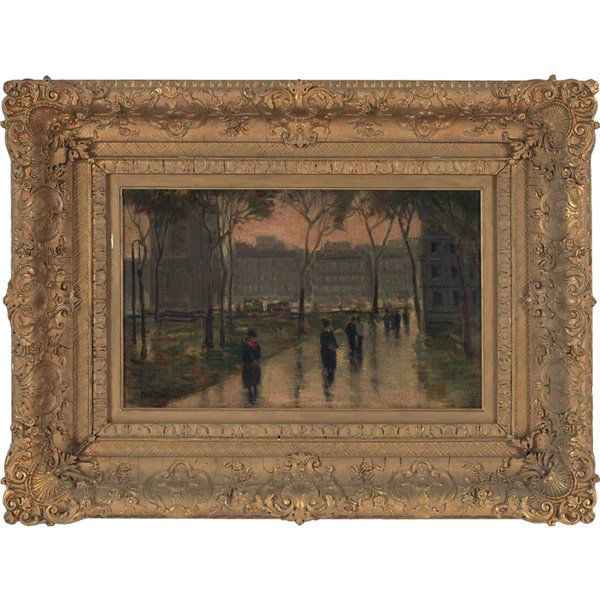 Paul Cornoyer: Paul Cornoyer (American, 1864-1923) "Washington Square Park, New York," c. 1910, oil on canvas on board, 9.5" x 15.75", signed lower left, framed