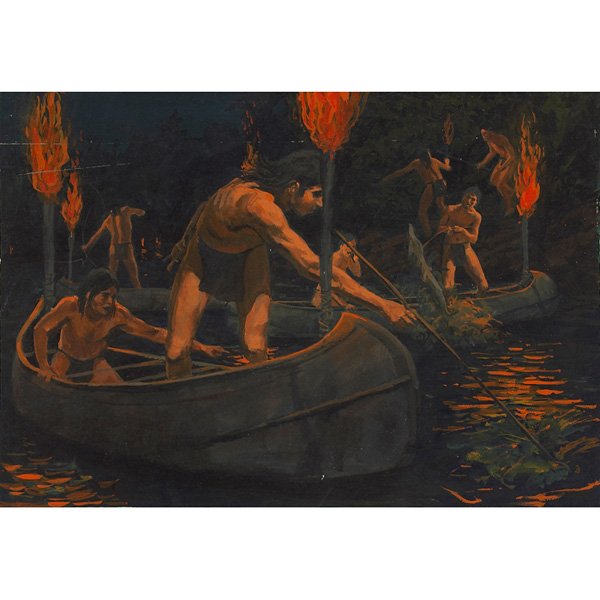 Artist Unknown: Artist Unknown (American, 20th century) "Native Americans Spear Fishing (a pair of works)," (one shown), oil on illustration board, 11.75" x 17", unframed