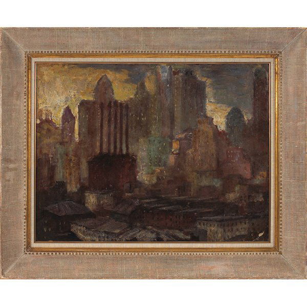 Irwin D. Hoffman: Irwin D. Hoffman (American, 1901-1989) "New York City," c. 1950, oil on board, 26" x 33.5", signed on verso, framed