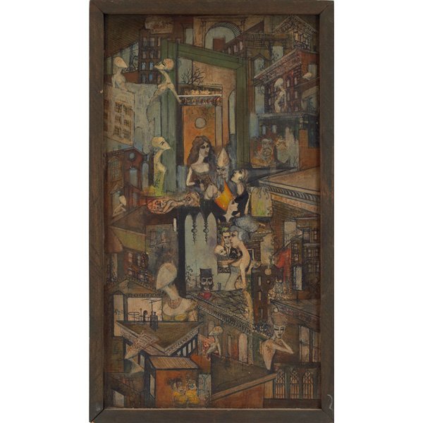 Warren Holm: Warren Holm (American, 20th century) "Surreal City Scene," 1963, oil on canvas on board, 19.5" x 10.5", dated on verso, framed
