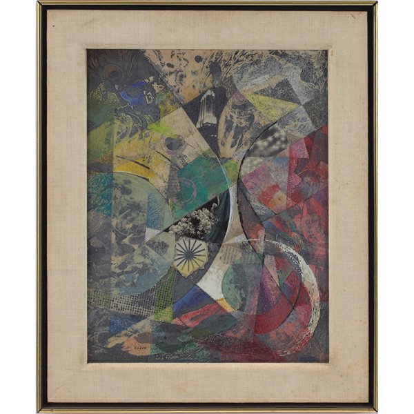 Medard Klein: Medard Klein (American, 1905-2002) "A Volonte," collage, 16.5" x 12.5", signed lower left, Temple Universities Libraries (Philadelphia, Pennsylvania) label on verso, framed