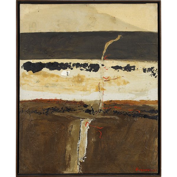 Paolo Buggiani: Paolo Buggiani (Italian/American, b. 1933) "Untitled," 1960, mixed media on canvas, 28.25" x 23", signed and dated lower right, framed