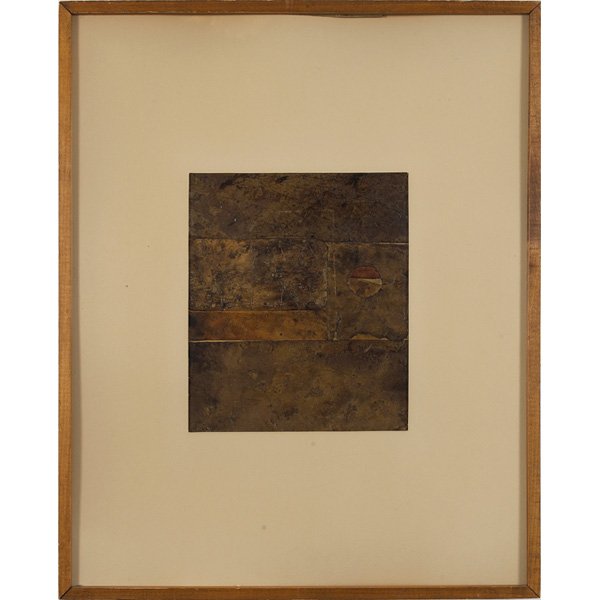Harry Bouras: Harry Bouras (American, 1931-1990) "L.B. Departs," 1963, mixed media, 9" x 7.5", signed lower left, titled and dated on verso, framed