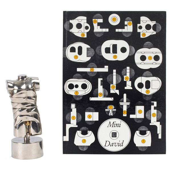 Miguel Berrocal: Miguel Berrocal (Spanish, 1933-2006) "Mini David (together with book)," 1968-1969, chrome plated metal, 5.75"h, signed