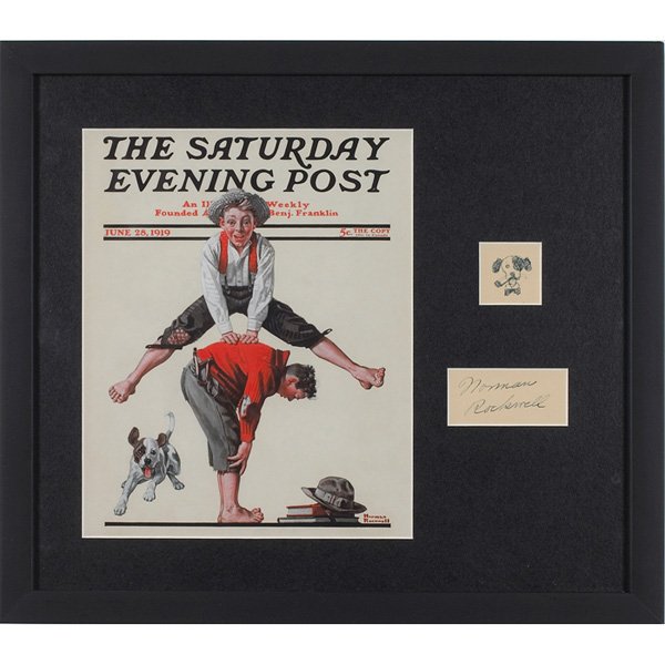 Norman Rockwell: Norman Rockwell (American, 1894-1978) "Head of Dog, together with a lithograph of The Saturday Evening Post," ink on paper, 1.5" x 1.5", signed, framed