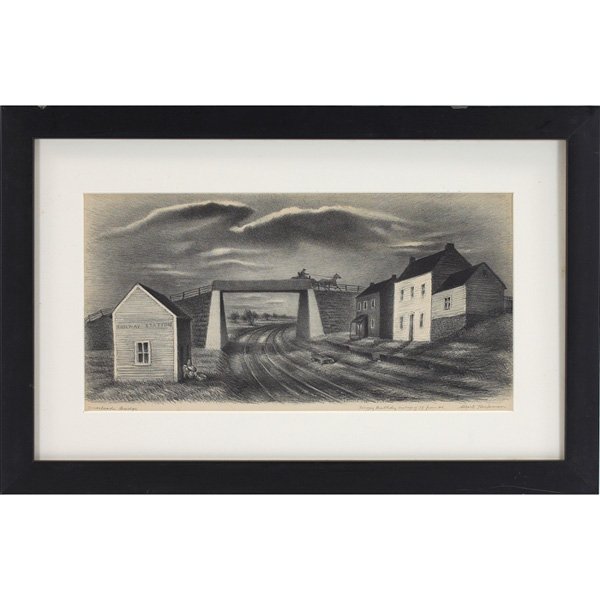 Albert William Heckman: Albert William Heckman (American, 1893-1971) "Overhead Bridge," 1939, lithograph, 7.25" x 14.75", signed and inscribed in pencil lower right, titled in pencil lower left, framed