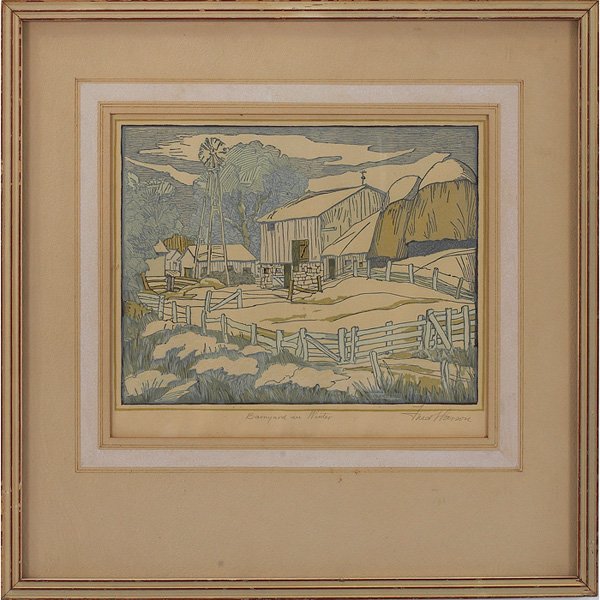 Fred Larson: Fred Larson (American, 20th century) "Barnyard in Winter," color woodcut, 7.25" x 9", signed and titled in pencil in the margin, framed