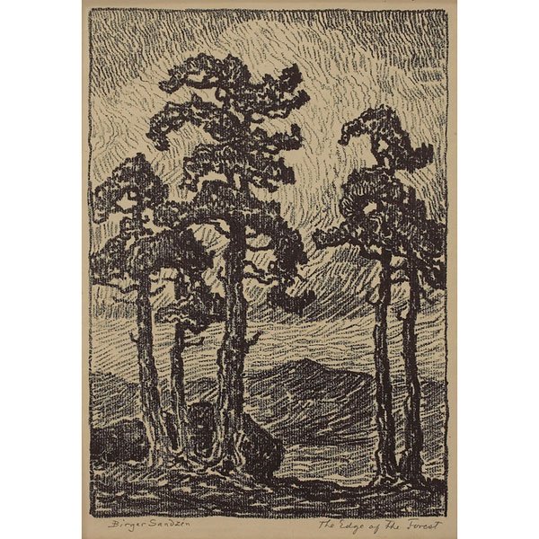 Birger Sandzen: Birger Sandzen (American, 1871-1954) "The Edge of the Forest," lithograph, 9.75" x 7", signed in pencil lower left, titled in pencil lower right, unframed