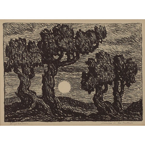 Birger Sandzen: Birger Sandzen (American, 1871-1954) "Moonrise in the Foothills," lithograph, 7" x 9.75", signed in pencil lower left, titled in pencil lower right, unframed