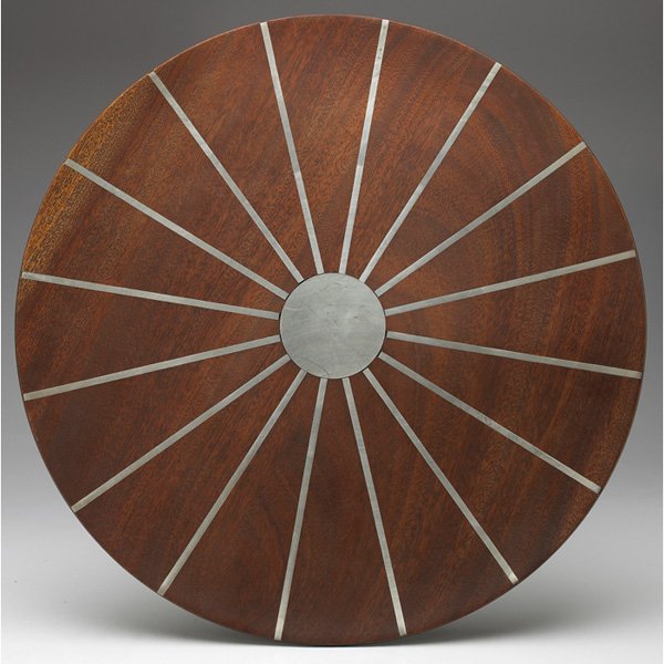 Paul Evans & Phillip Lloyd Powell charger/platter 1960s: Large Paul Evans & Phillip Lloyd Powell charger/platter, 1960s, mahogany with sunburst pewter inlay, signed with metal tag "Designers Inc. Paul Evans", 17.25"dia x 1.5"h, very good original condition