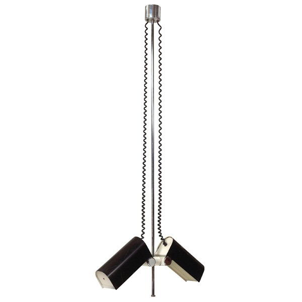 Wilhelm Braun Feldweg Doria Lichtenwerken Austria: Wilhelm Braun Feldweg hanging light fixture, by Doria Lichtenwerken, Austria, two adjustable shades with the original black and white enameled finish on a chrome rod, shades can be adjusted for height