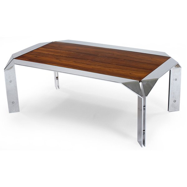 1960s coffee table Leon Rosen Pace: 1960s coffee table, possibly Leon Rosen for Pace, polished stainless steel frame with flattened corners connected by spacers, inset rosewood top, unsigned, beautifully made of high quality materials,