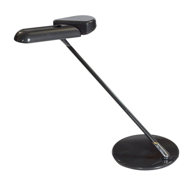 Bruno Gecchelin Ring table lamp Arteluce: Bruno Gecchelin "Ring" table lamp, by Arteluce, 1970s, dark gray enameled steel, two-part light source that makes multiple adjustments, signed "Arteluce" on shade, AI paper label on base, 19"w x 14"d
