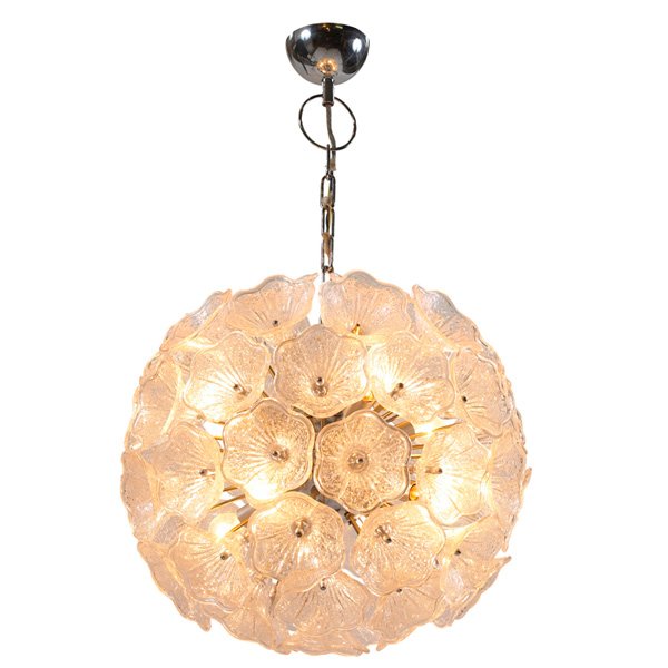 Mid-century chandelier Murano glass: Mid-century chandelier, probably Murano glass, textured glass florets surround a chrome ball fixture and serve as diffusers for internal lighting, ceiling cap included, 20"dia x 34"h, excellent origin