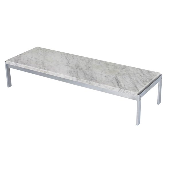Poul Kjaerholm PK-62 occasional table Fritz Hansen Denm: Poul Kjaerholm PK-62 low occasional table, by Fritz Hansen, Denmark, brushed stainless steel frame supports the original rectangular marble top, matte finish to marble, signed with stamped marks "Poul