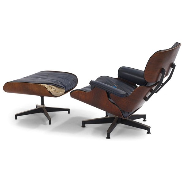 Charles and Ray Eames 670/671 lounge chair ottoman Herm: Charles & Ray Eames 670/671 lounge chair and ottoman, by Herman Miller, 1960s, molded rosewood plywood shells with foam- and down-filled cushions, black enameled and polished aluminum bases, reupholst