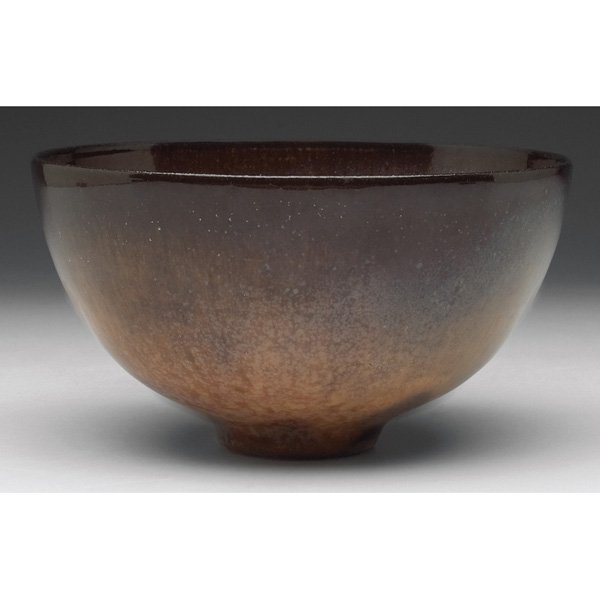 Gertrud and Otto Natzler bowl: Nice Gertrud and Otto Natzler bowl, footed shape covered in a mottled brown and tan glaze, signed, #K978, 6"w x 3.25"h