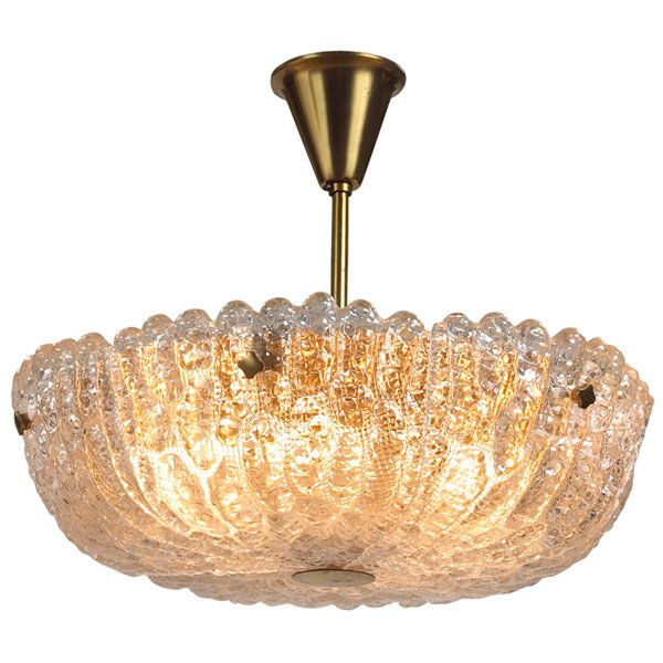 Carl Fagerlund chandelier Orrefors Sweden: Carl Fagerlund chandelier, for Orrefors, Sweden, round form of pressed glass elements held by brass fittings, 18"dia x 15"h, excellent original condition