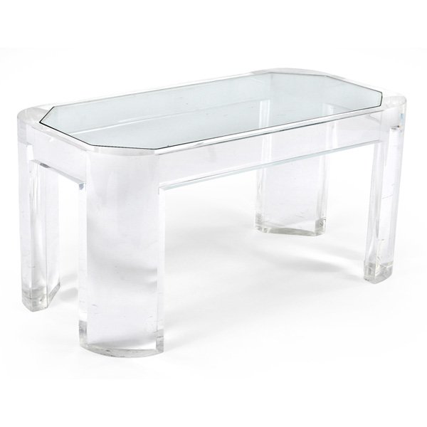 Karl Springer Prisma coffee table Lucite: Karl Springer "Prisma" coffee table, heavy solid Lucite frame with rounded legs and an inset glass top, 33"w x 17"d x 16.5"h, very good original condition