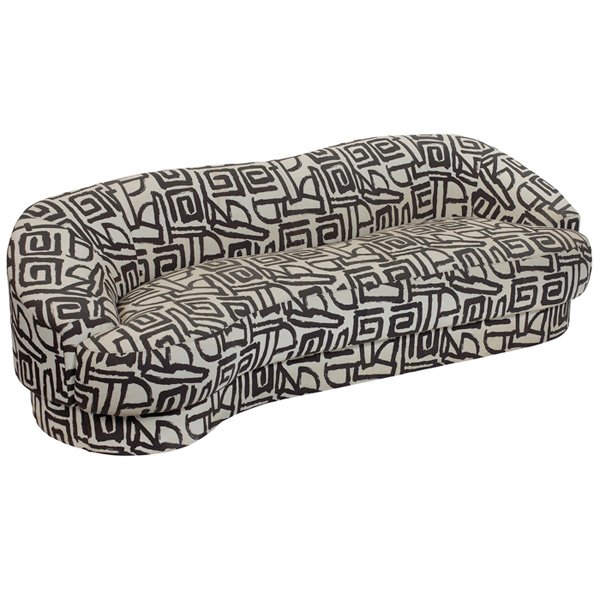 Directional sofa Vladimir Kagan: Directional sofa, possibly by Vladimir Kagan, biomorphic form covered in the original black and white abstract Expressionist upholstery, platform base, two matching pillows are included but not shown,
