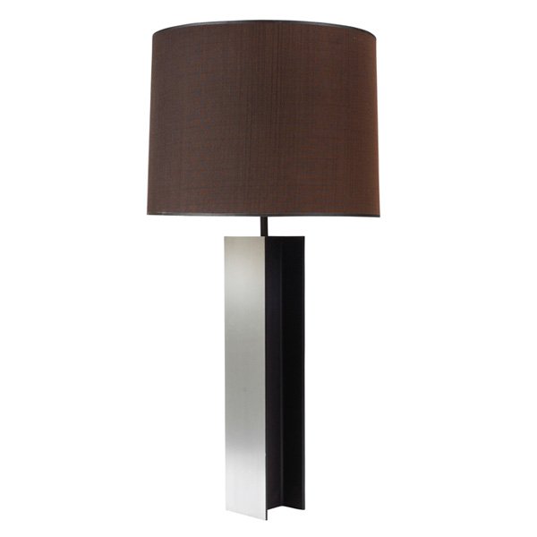 Robert Sonneman table lamp: Robert Sonneman table lamp, USA, solid steel I-beam form of black painted and polished aluminum, with drum shade, base only: 5"w x 5"d x 24"h, with shade: 41", excellent condition
