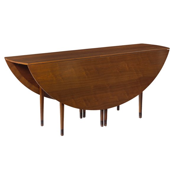 Edward Wormley Oval Drop-leaf dining table Dunbar 1950s: Edward Wormley Oval Drop-leaf dining table, by Dunbar, 1950s, model 4913, mahogany top with drop sides over eight legs, two legs swing out on each side to support expanded top, leather anklet trim to